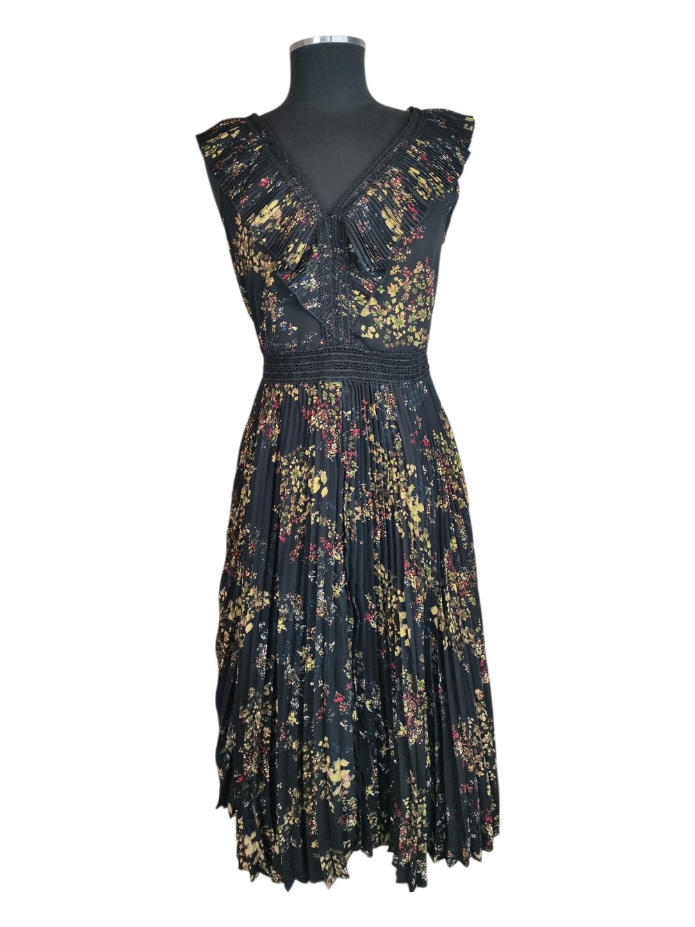 Occasion by Dex Women’s M V Neck Black Floral Pleated Dress Raffles Lace Trim - Picture 1 of 10